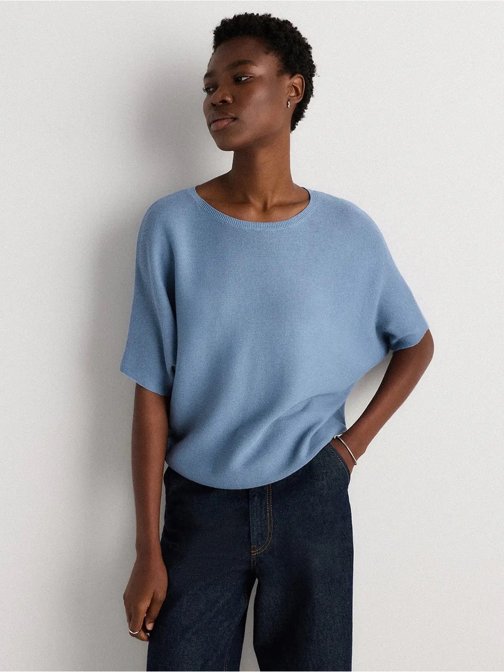 Quince Lightweight Cotton Cashmere Link-Stitch Dolman Sweater